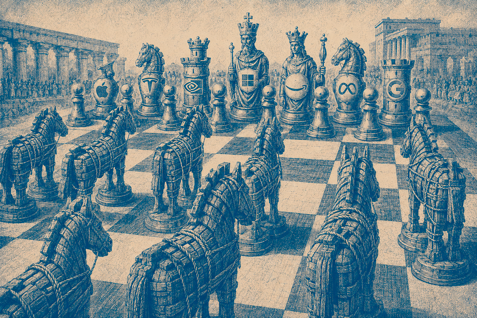 An army of Trojan horse chess pieces faces down a board of king and queen pieces branded like today's largest companies.