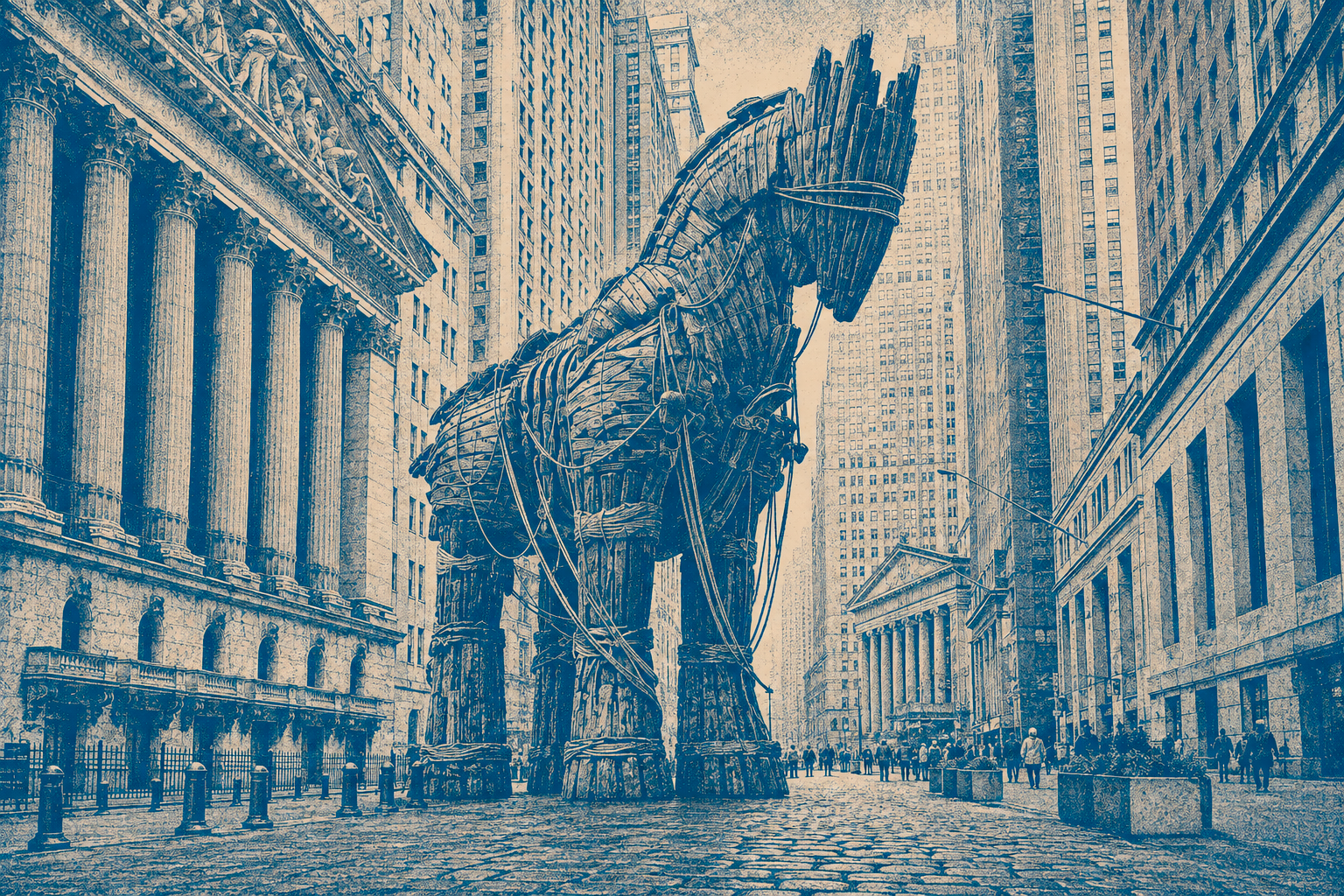 A Trojan horse stands in the canyon of Wall Street, directly in front of the New York Stock Exchange.